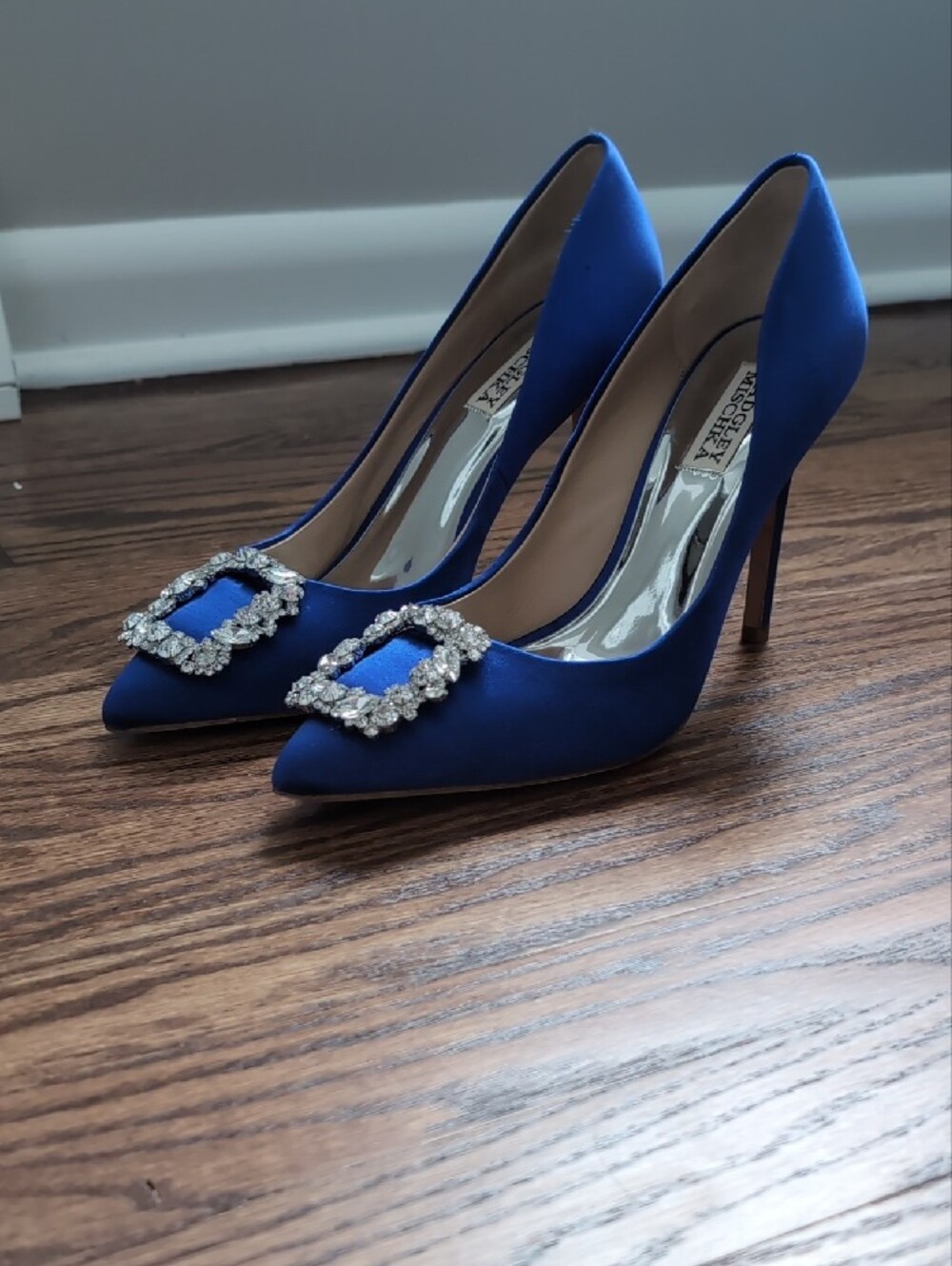 Badgley Mischka Cobalt Blue Satin Pointed-Toe Pumps with Crystal Buckles - Picture 4 of 8